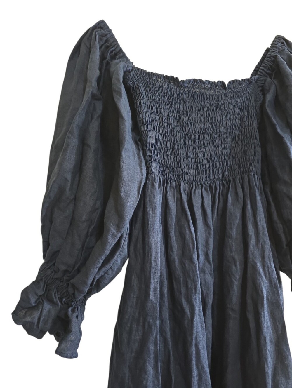 Sleeper Atlanta Linen Midi Dress In Navy Large Smocked Bodice - Picture 9 of 12